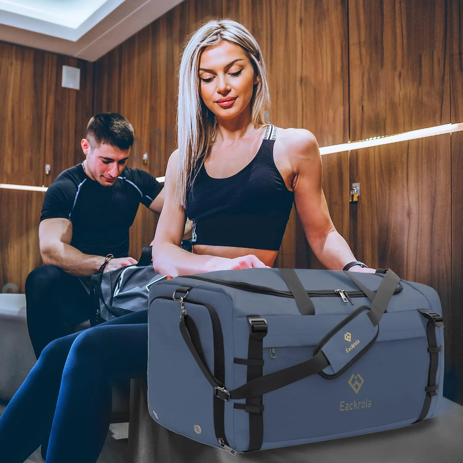 Eackrola Large Sports Gym Bag, Travel Duffel bag with Wet Pocket & Shoes Compartment for men women, 65L, LightweightHaze Blue