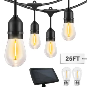 EAGLE PEAK 25 FT S14 Solar-Powered String Lights, IP65, 10 Shatterproof Edison Vintage Bulbs (2 Spare) for Outdoors, 10 Hanging Sockets, Decorative Lights for Christmas, Patio, Garden, Wedding, Party, and Pool