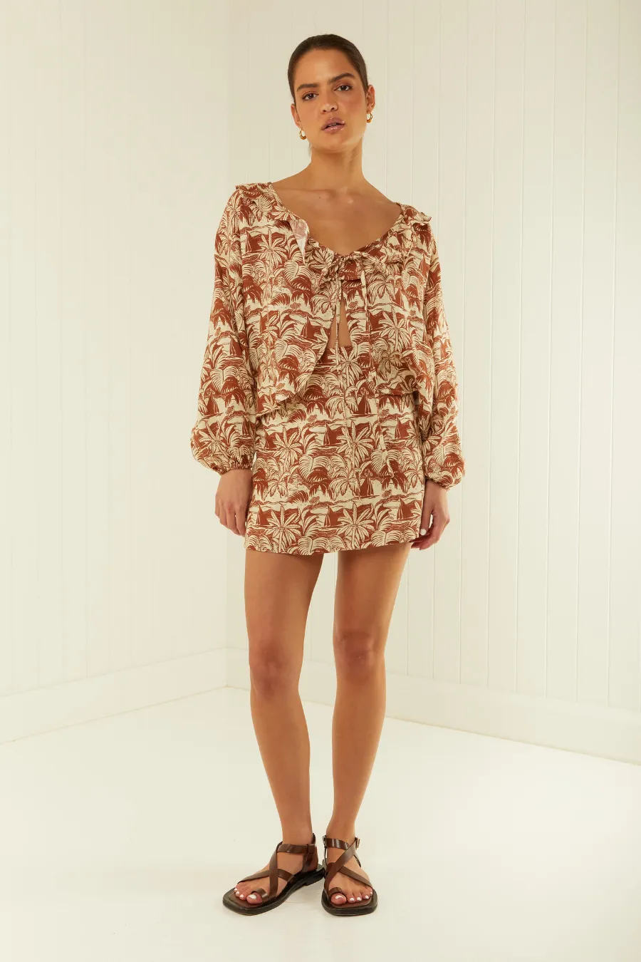 East Mini Skirt Brown Palm Scene