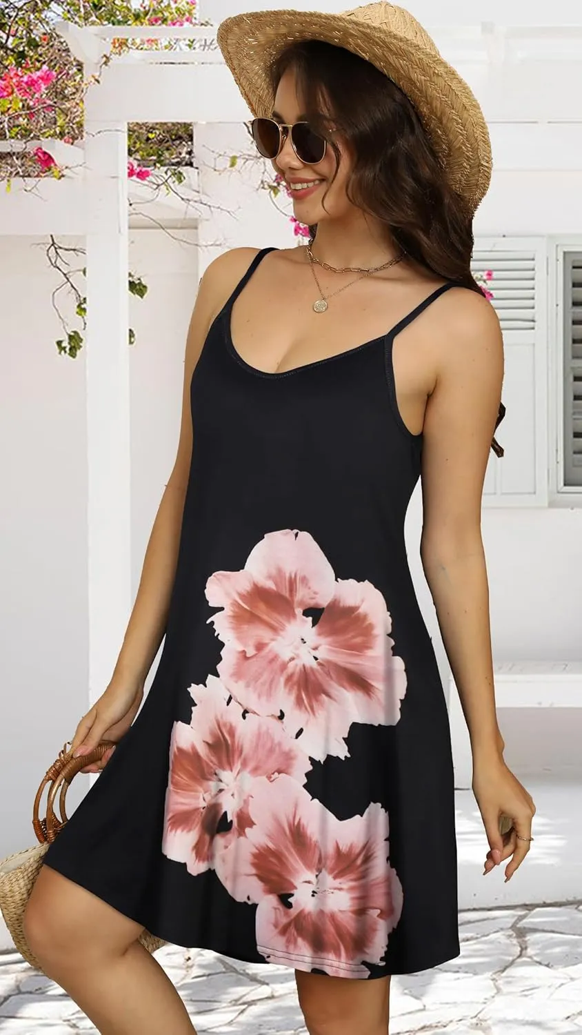 elescat Womens Summer Dresses Spaghetti Strap V Neck Casual Sleeveless Sundress Beach Cover Ups with Pockets