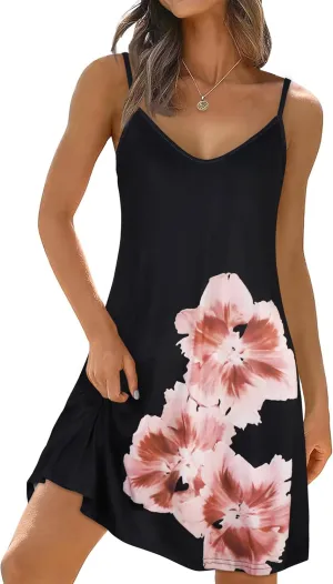 elescat Womens Summer Dresses Spaghetti Strap V Neck Casual Sleeveless Sundress Beach Cover Ups with Pockets
