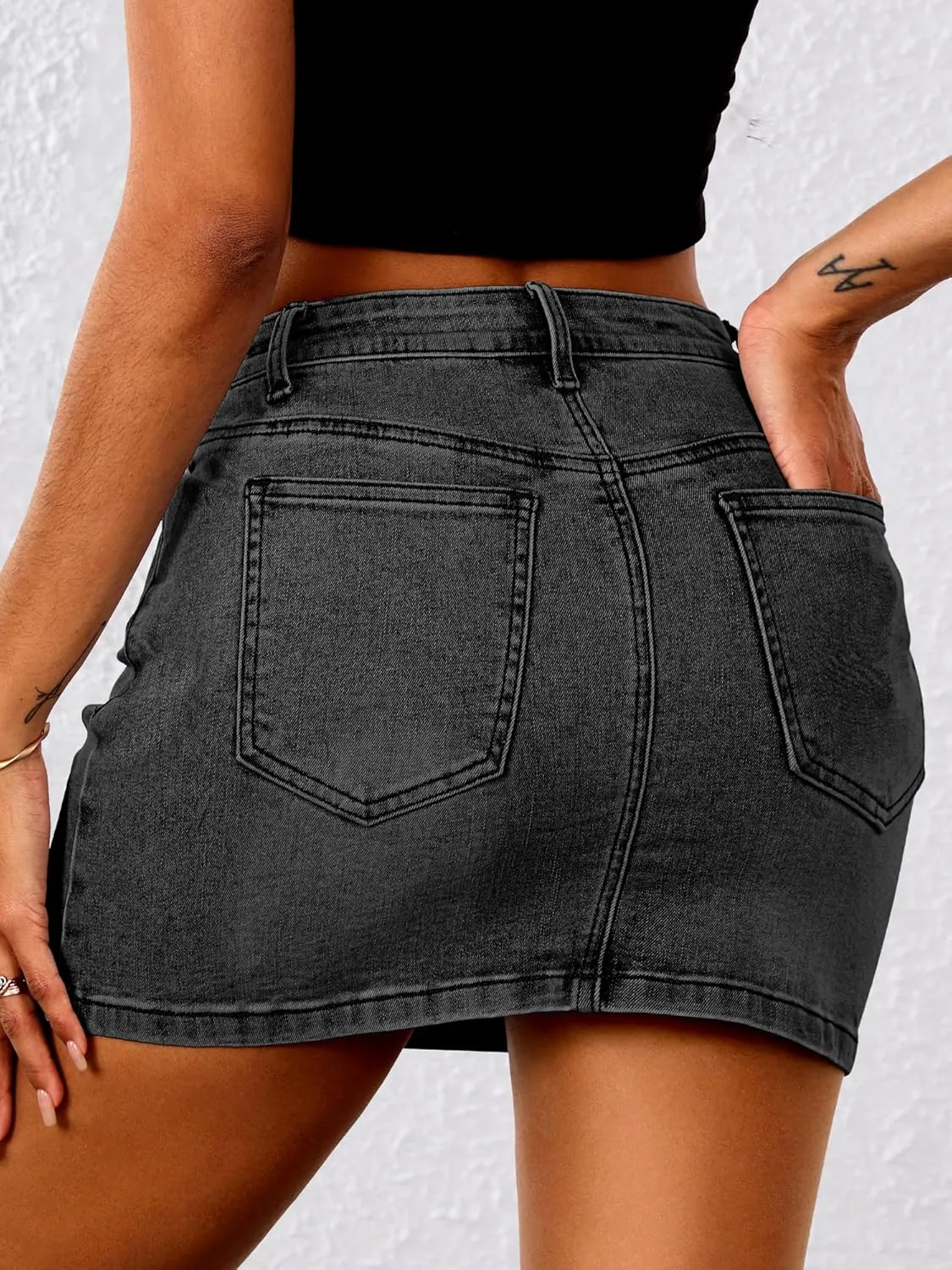 ELLEVEN Stretchy Mini Jean Skirt for Women,Low Waist Denim Skirts with Pockets