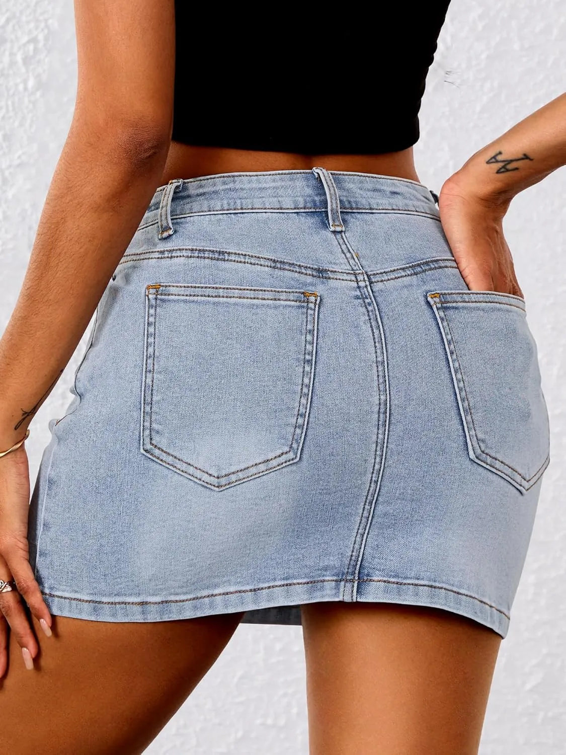 ELLEVEN Stretchy Mini Jean Skirt for Women,Low Waist Denim Skirts with Pockets