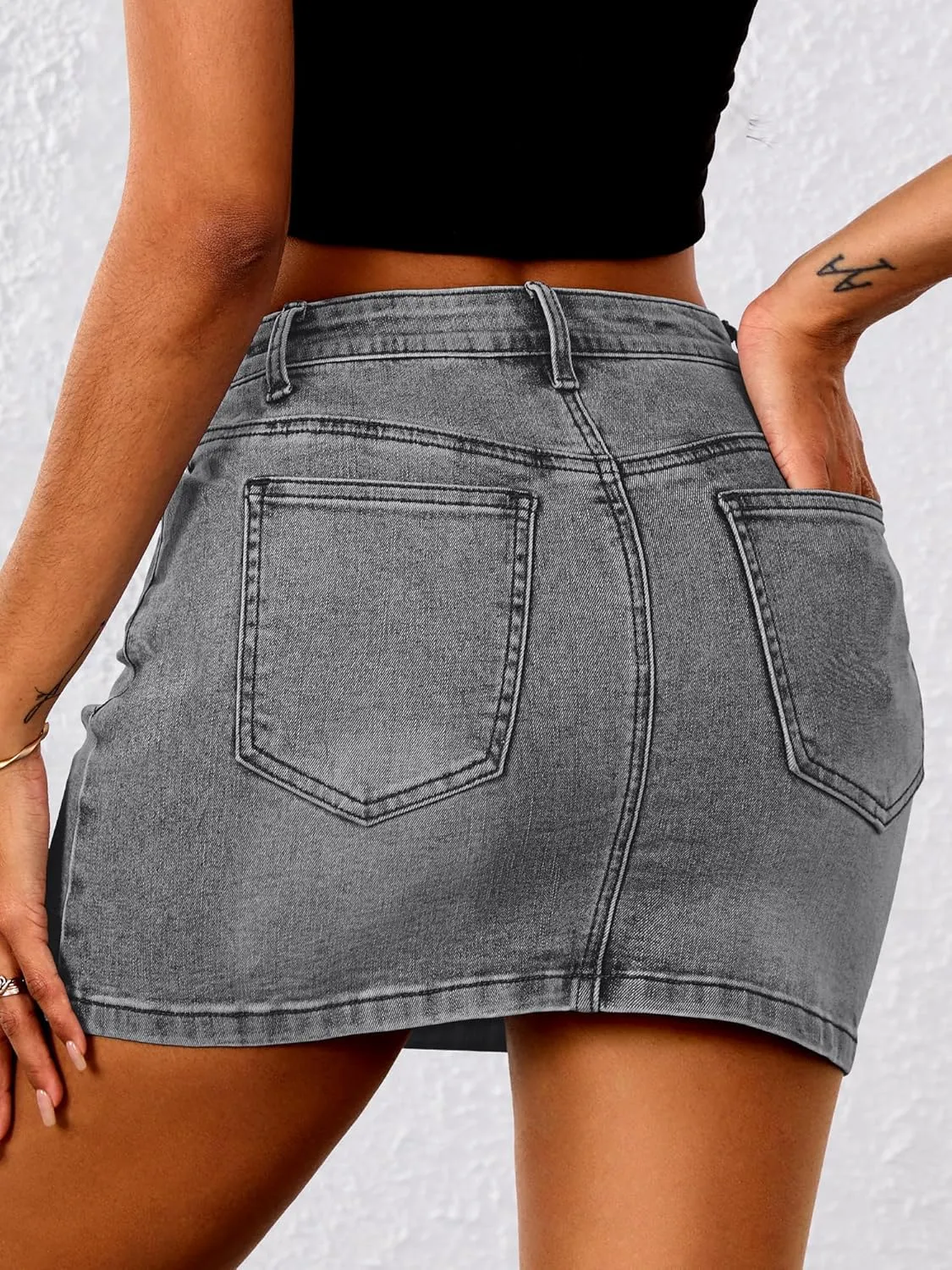 ELLEVEN Stretchy Mini Jean Skirt for Women,Low Waist Denim Skirts with Pockets