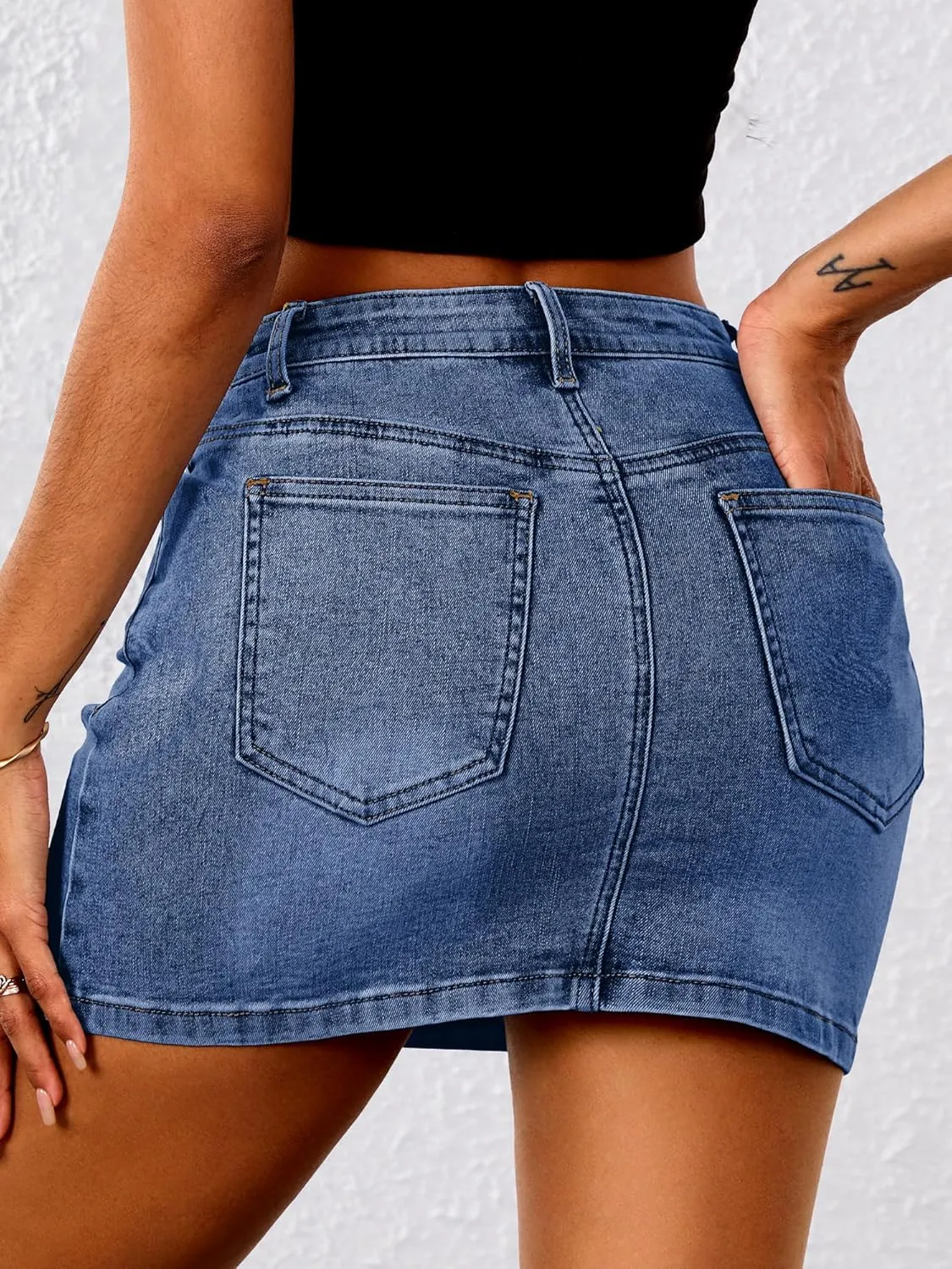 ELLEVEN Stretchy Mini Jean Skirt for Women,Low Waist Denim Skirts with Pockets