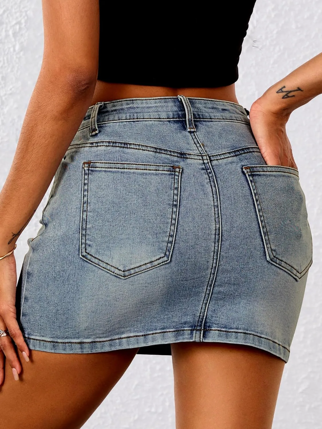 ELLEVEN Stretchy Mini Jean Skirt for Women,Low Waist Denim Skirts with Pockets