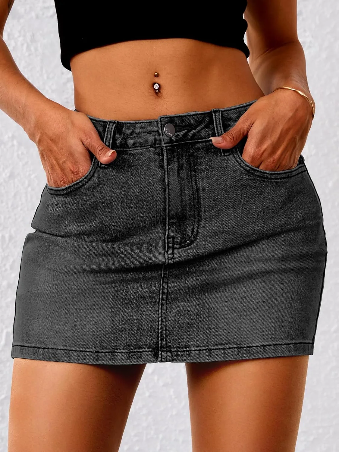 ELLEVEN Stretchy Mini Jean Skirt for Women,Low Waist Denim Skirts with Pockets