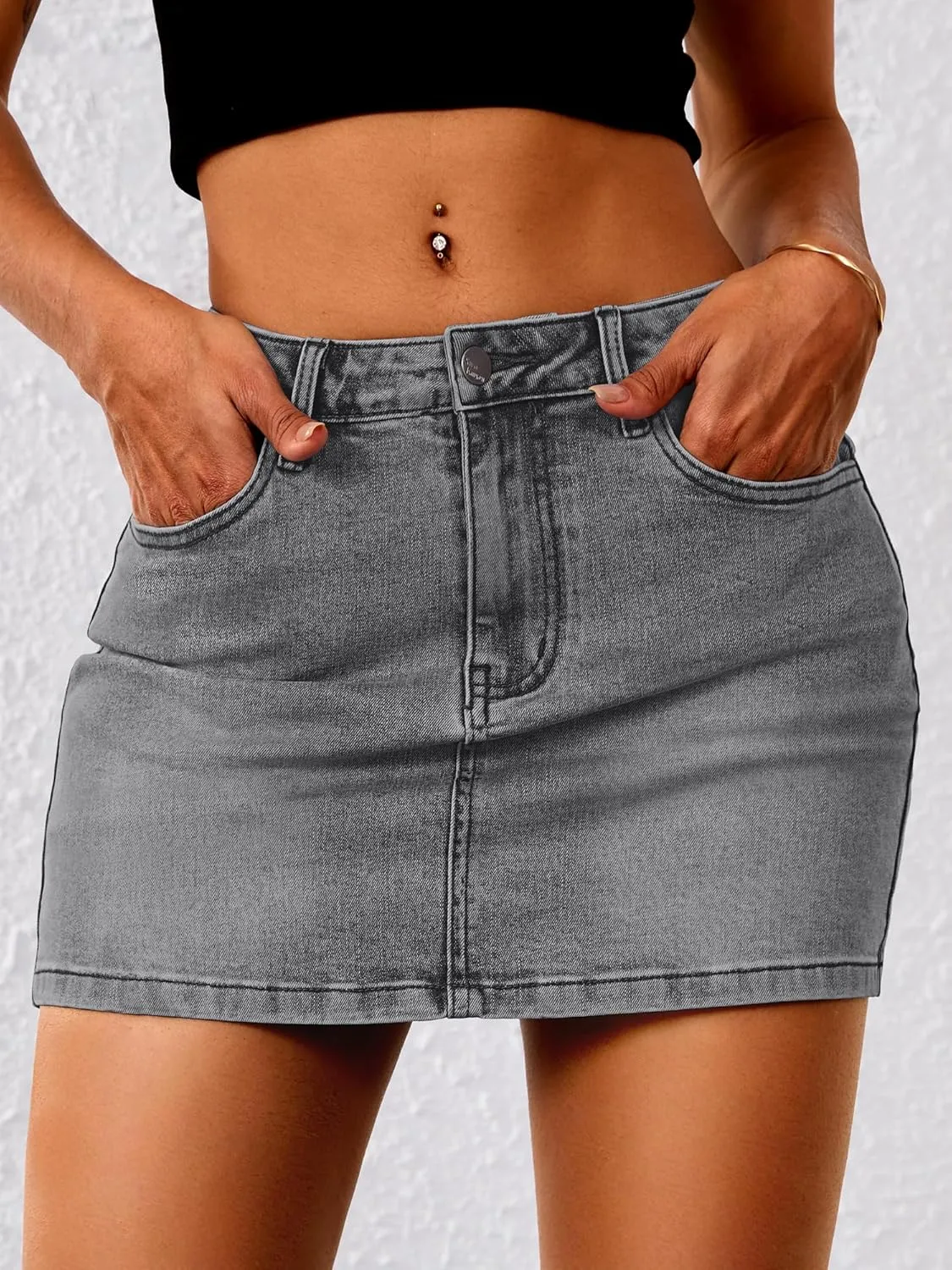 ELLEVEN Stretchy Mini Jean Skirt for Women,Low Waist Denim Skirts with Pockets