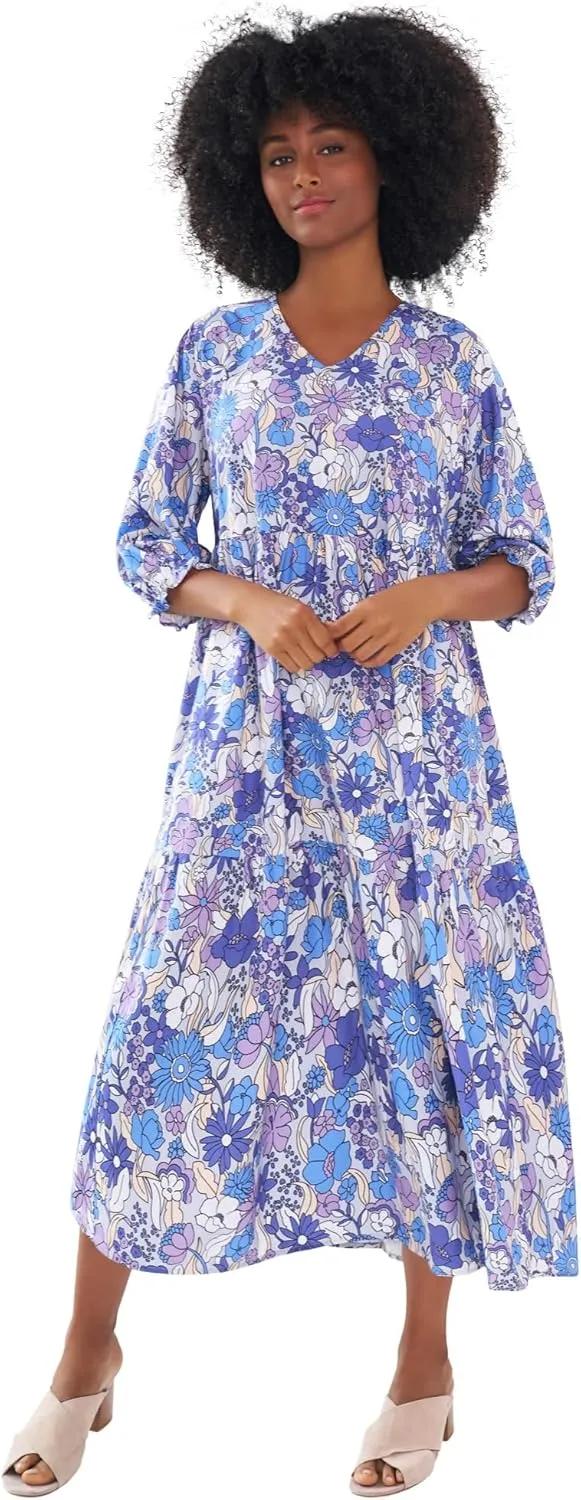 ellos Women's Plus Size V-Neck Tiered Midi Dress