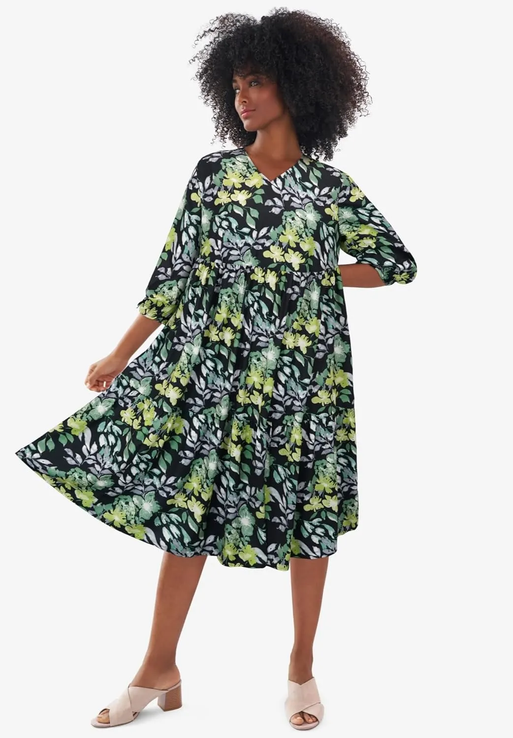 ellos Women's Plus Size V-Neck Tiered Midi Dress