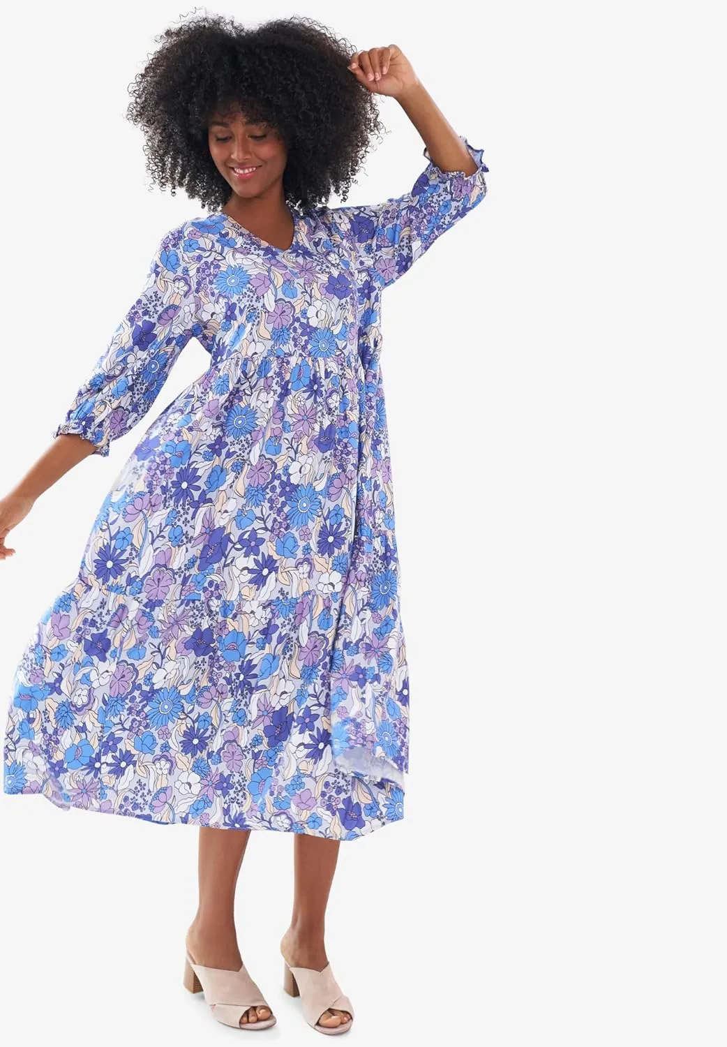 ellos Women's Plus Size V-Neck Tiered Midi Dress