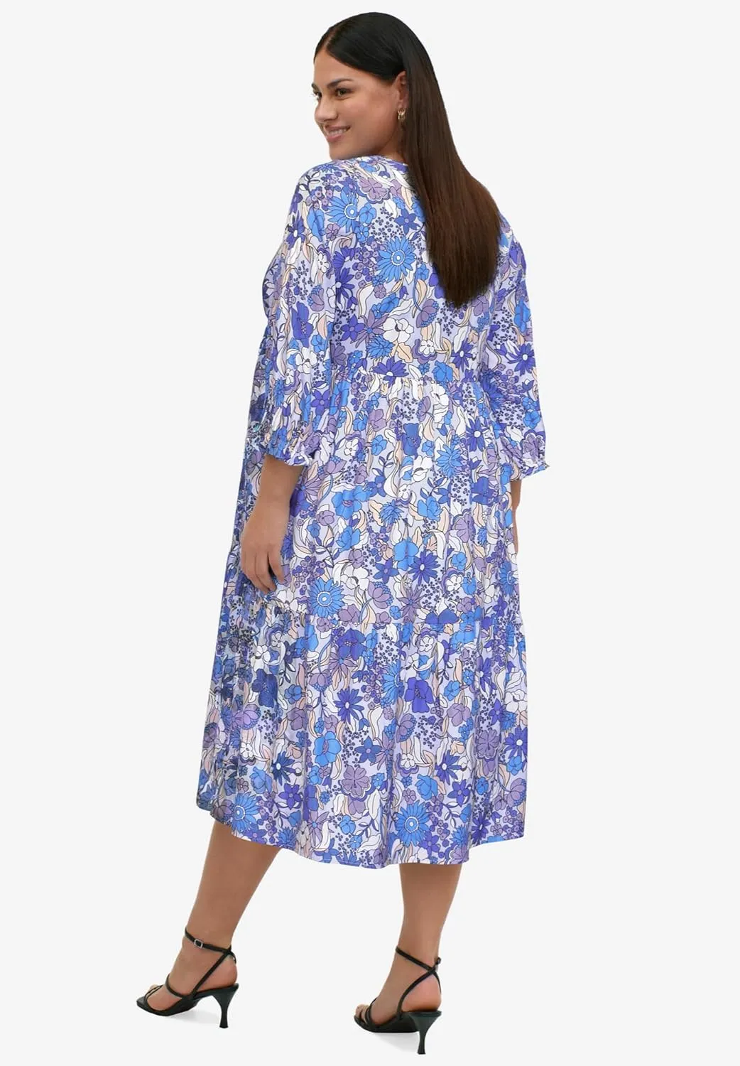ellos Women's Plus Size V-Neck Tiered Midi Dress