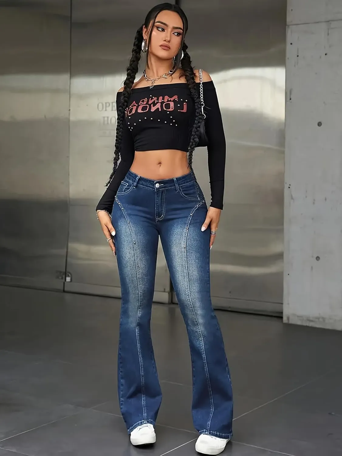 EMMIOL Women's Mid-High Rise Flared Bell Bottom Stretch Jeans Boyfriends Jeans Y2K 90s Denim Pants