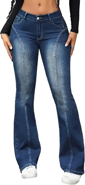 EMMIOL Women's Mid-High Rise Flared Bell Bottom Stretch Jeans Boyfriends Jeans Y2K 90s Denim Pants