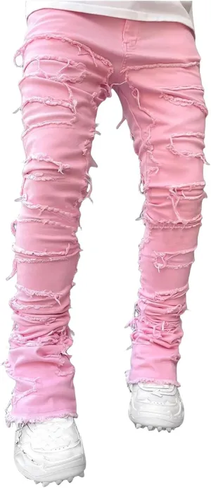 evzosrz Mens Stacked Jeans Frayed Skinny Ripped Jeans Slim Fit Stretch Distressed Destroyed Denim Pants Trousers Streetwear