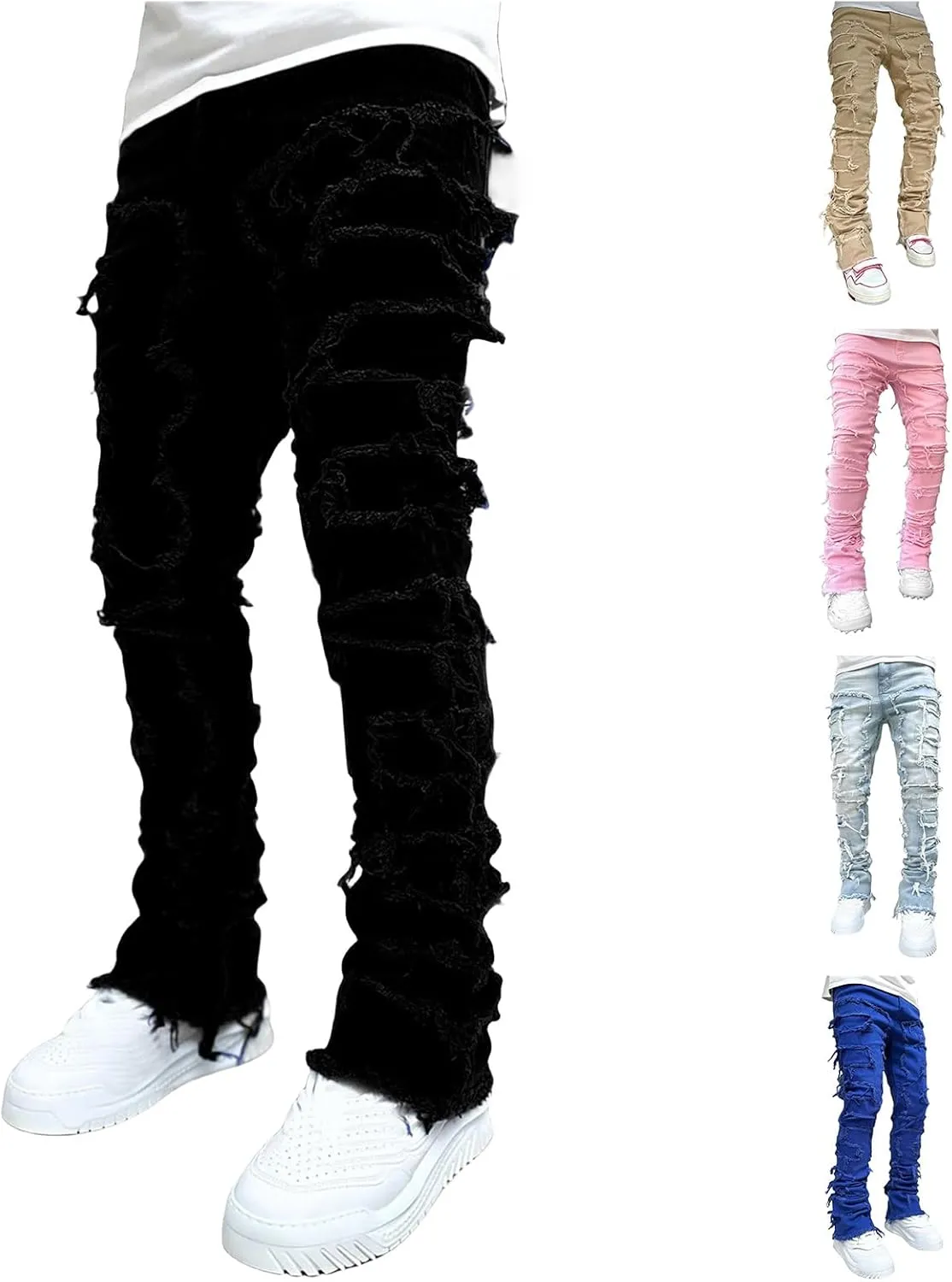 evzosrz Mens Stacked Jeans Frayed Skinny Ripped Jeans Slim Fit Stretch Distressed Destroyed Denim Pants Trousers Streetwear