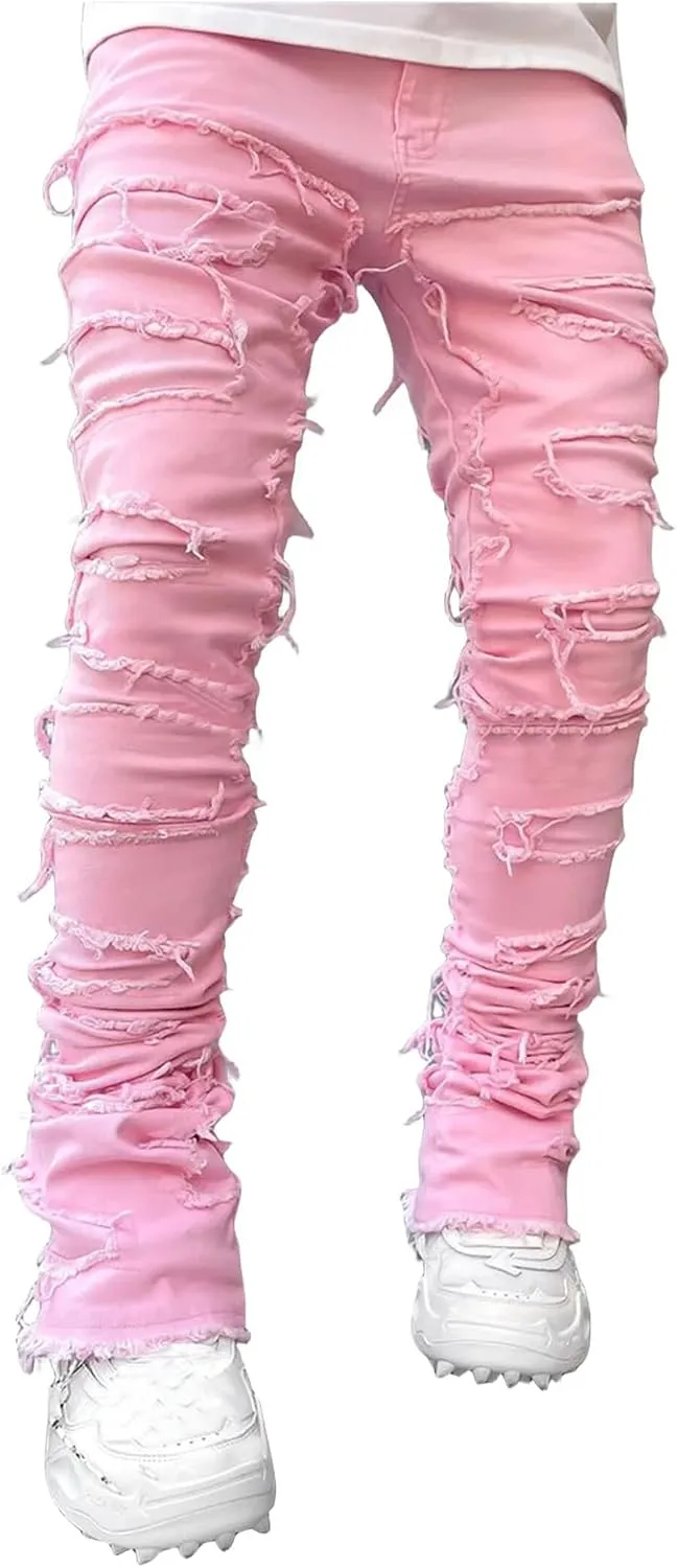 evzosrz Mens Stacked Jeans Frayed Skinny Ripped Jeans Slim Fit Stretch Distressed Destroyed Denim Pants Trousers Streetwear