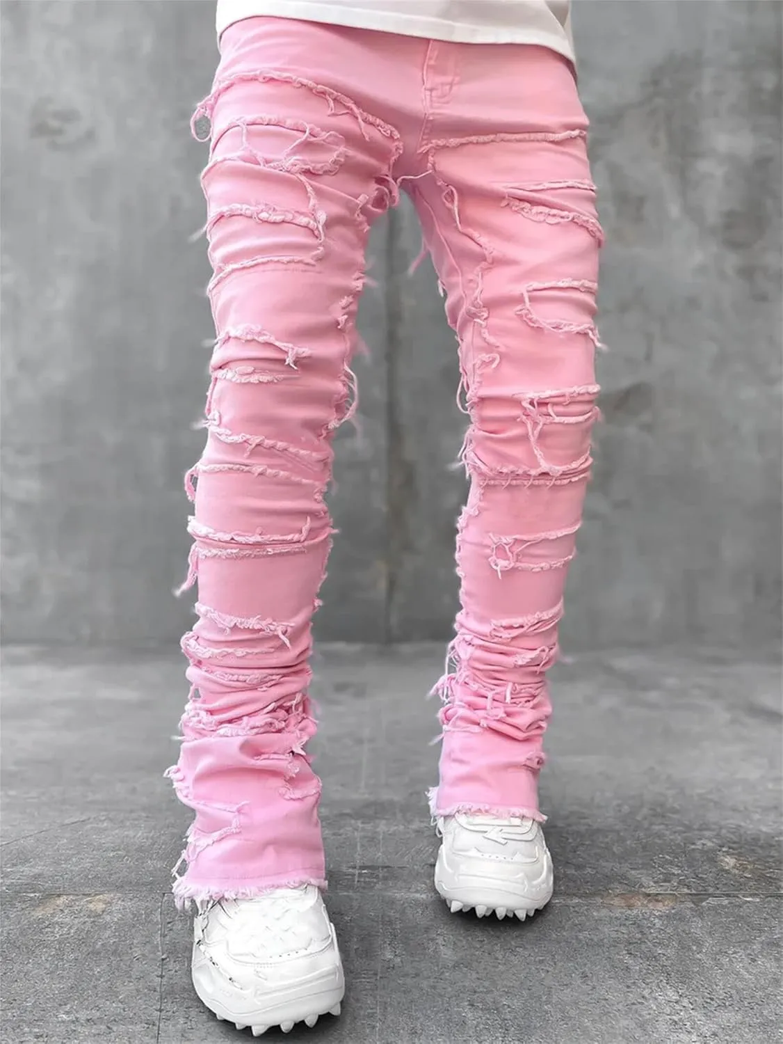 evzosrz Mens Stacked Jeans Frayed Skinny Ripped Jeans Slim Fit Stretch Distressed Destroyed Denim Pants Trousers Streetwear