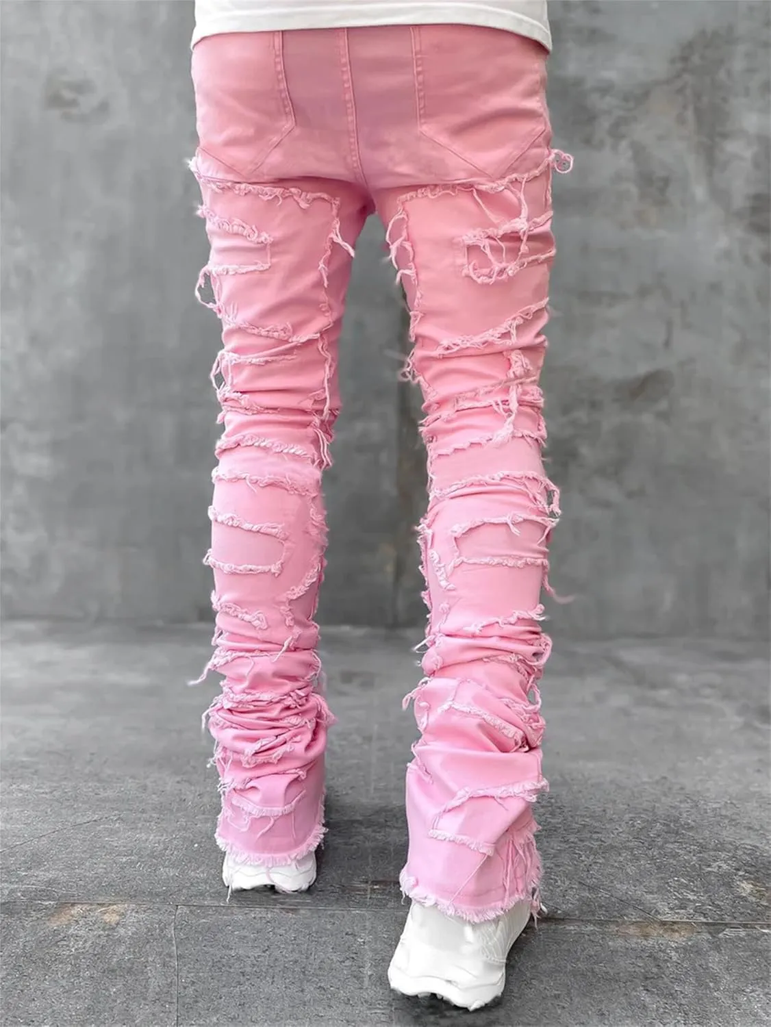 evzosrz Mens Stacked Jeans Frayed Skinny Ripped Jeans Slim Fit Stretch Distressed Destroyed Denim Pants Trousers Streetwear