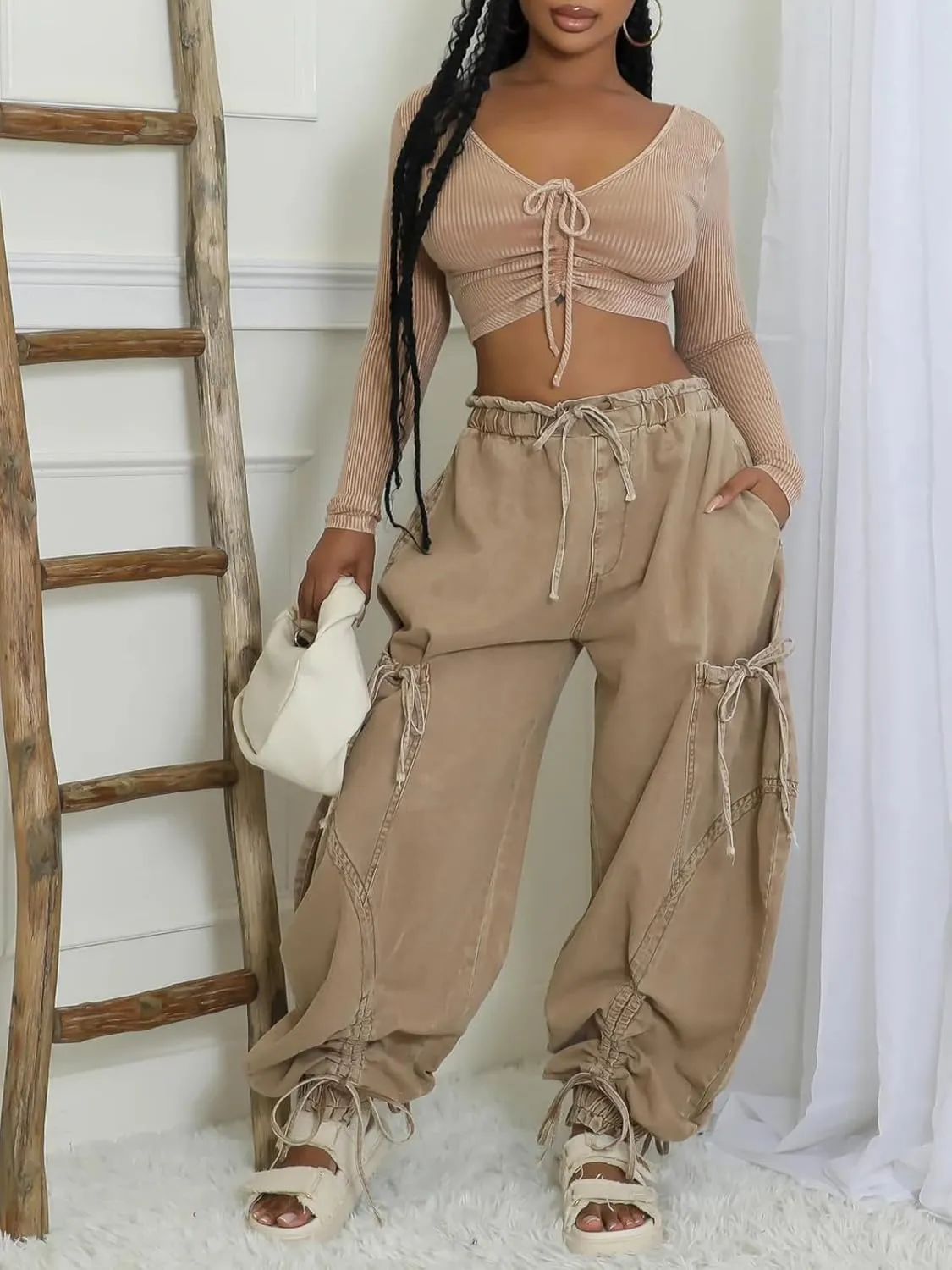 Famnbro Womens Barrel Jeans Baggy Cargo Jogger Y2k Drawstring Bow Jeans Sweatpants Wide Leg Denim Pants