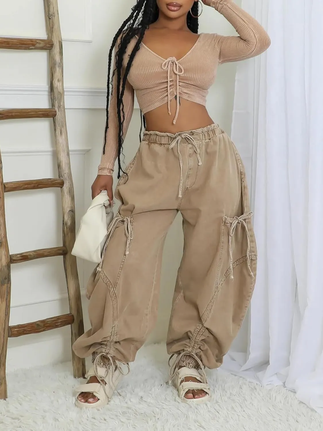 Famnbro Womens Barrel Jeans Baggy Cargo Jogger Y2k Drawstring Bow Jeans Sweatpants Wide Leg Denim Pants