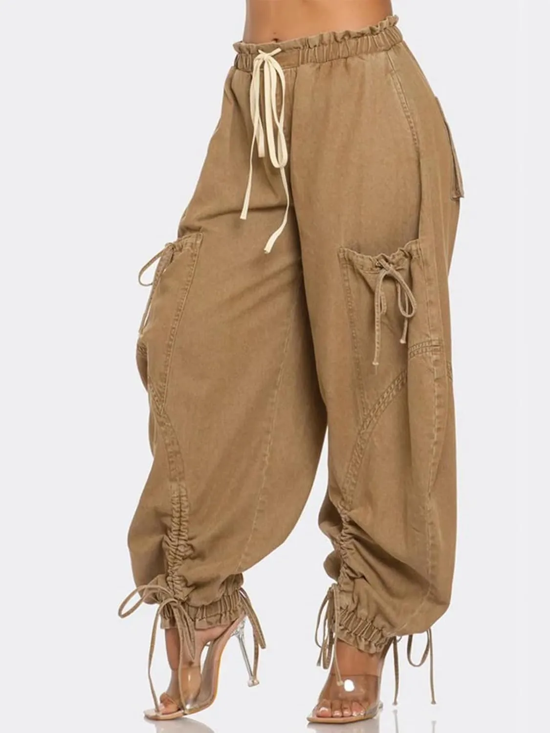 Famnbro Womens Barrel Jeans Baggy Cargo Jogger Y2k Drawstring Bow Jeans Sweatpants Wide Leg Denim Pants