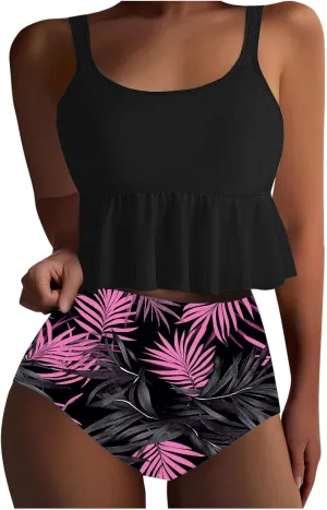 Fashion Swimsuits for Women 2 Piece High Waisted Floral Bikini Sets Sexy Padded Ruffle Bathing Suits Beachwear S-3XL