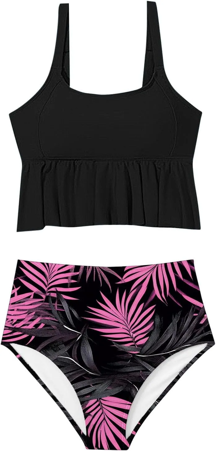 Fashion Swimsuits for Women 2 Piece High Waisted Floral Bikini Sets Sexy Padded Ruffle Bathing Suits Beachwear S-3XL