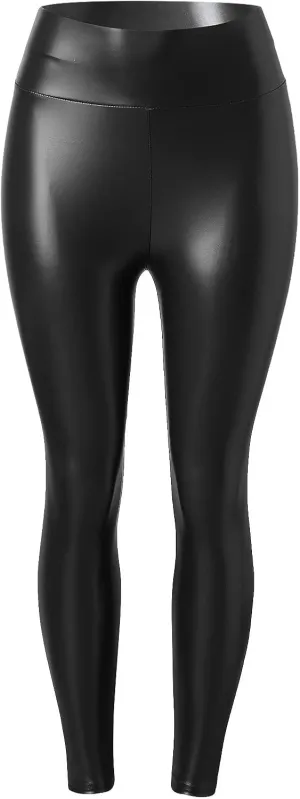 Faux Leather Fleece Lined Leggings for Women Plus Size, Faux Leather Pants Women Warm High Waist Trousers Workout Leggings