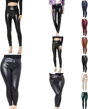 Faux Leather Fleece Lined Leggings for Women Plus Size, Faux Leather Pants Women Warm High Waist Trousers Workout Leggings