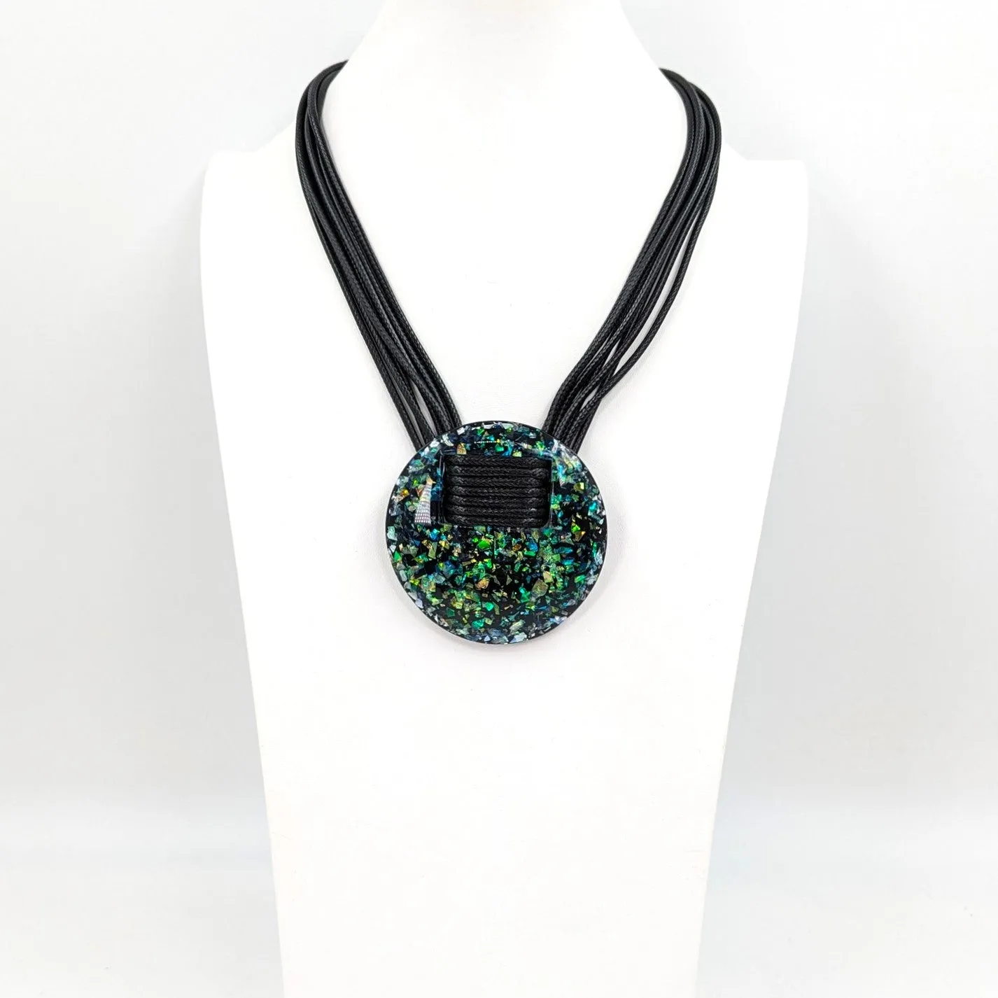 Faux paua shell statement pendant necklace on multi wax cord
