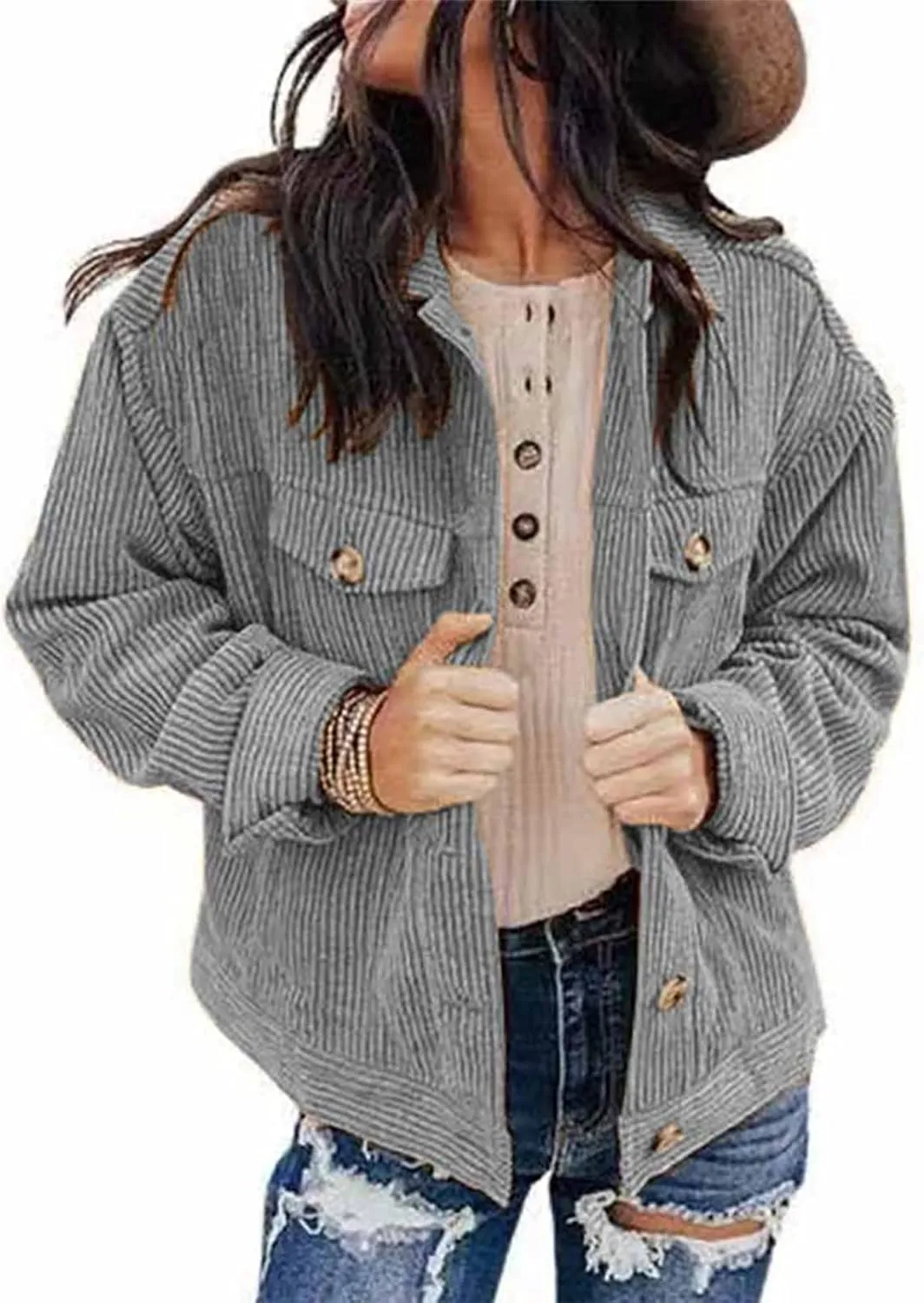 Febecool Coats For Women Casual Button Cardigan Casual Jacket Flannel Jacket Women Mid-length Pocket Coat Button Slim Jacket
