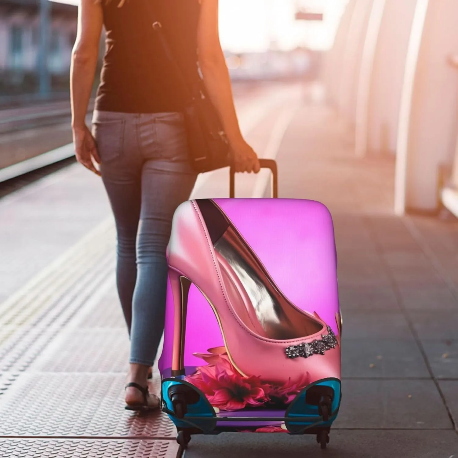 FEMOS Shoes And Makeup - Travel Suitcase Cover Elastic Luggage Covers Trolley Protector Cover Fits 18-32 Inch Luggage, Medium, 11437