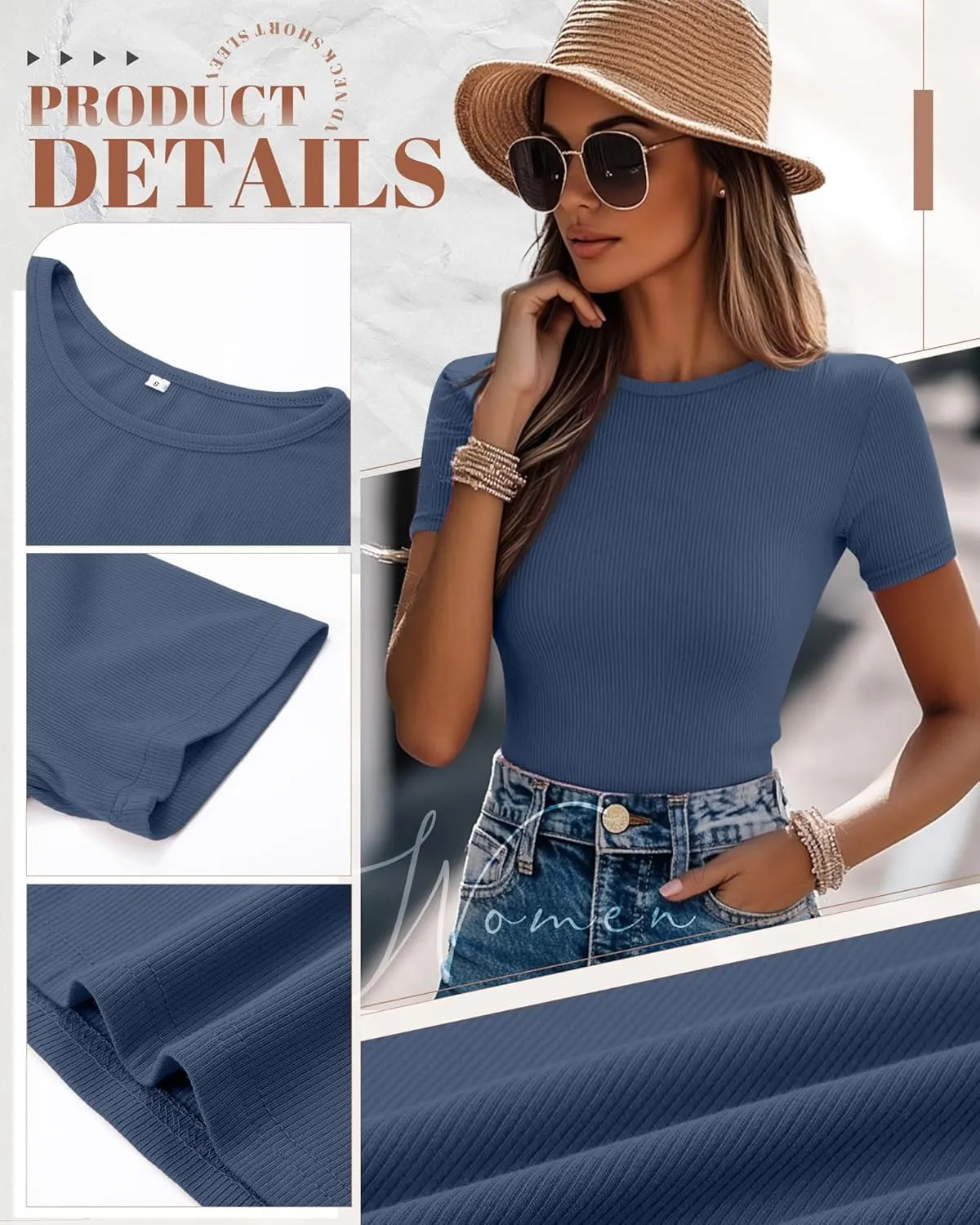 Ficerd 3 Pack Women's Ribbed T-Shirts, Cotton Short Sleeve Basic Tees Crewneck Fitted Tops Casual Shirts 2025 Summer Trendy