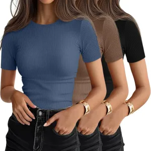 Ficerd 3 Pack Women's Ribbed T-Shirts, Cotton Short Sleeve Basic Tees Crewneck Fitted Tops Casual Shirts 2025 Summer Trendy
