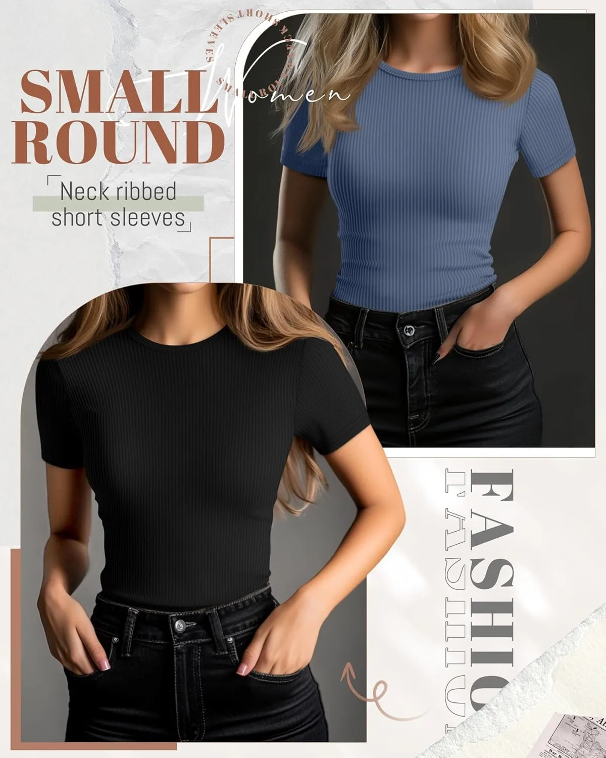 Ficerd 3 Pack Women's Ribbed T-Shirts, Cotton Short Sleeve Basic Tees Crewneck Fitted Tops Casual Shirts 2025 Summer Trendy