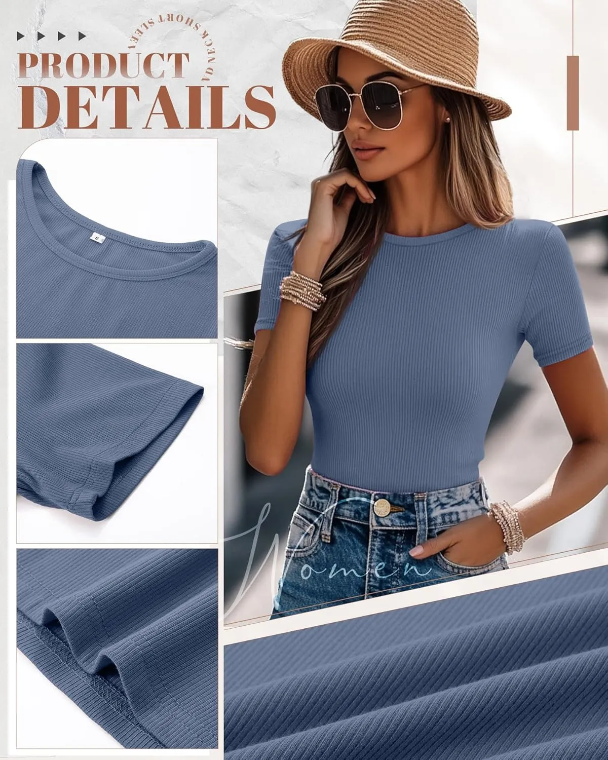 Ficerd 3 Pack Women's Ribbed T-Shirts, Cotton Short Sleeve Basic Tees Crewneck Fitted Tops Casual Shirts 2025 Summer Trendy