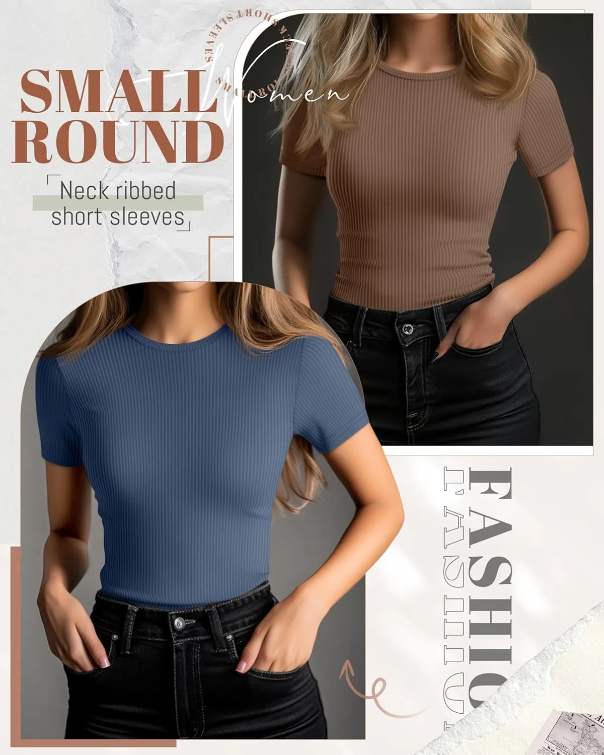 Ficerd 3 Pack Women's Ribbed T-Shirts, Cotton Short Sleeve Basic Tees Crewneck Fitted Tops Casual Shirts 2025 Summer Trendy