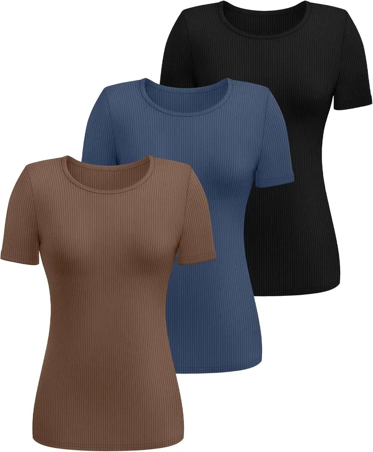 Ficerd 3 Pack Women's Ribbed T-Shirts, Cotton Short Sleeve Basic Tees Crewneck Fitted Tops Casual Shirts 2025 Summer Trendy