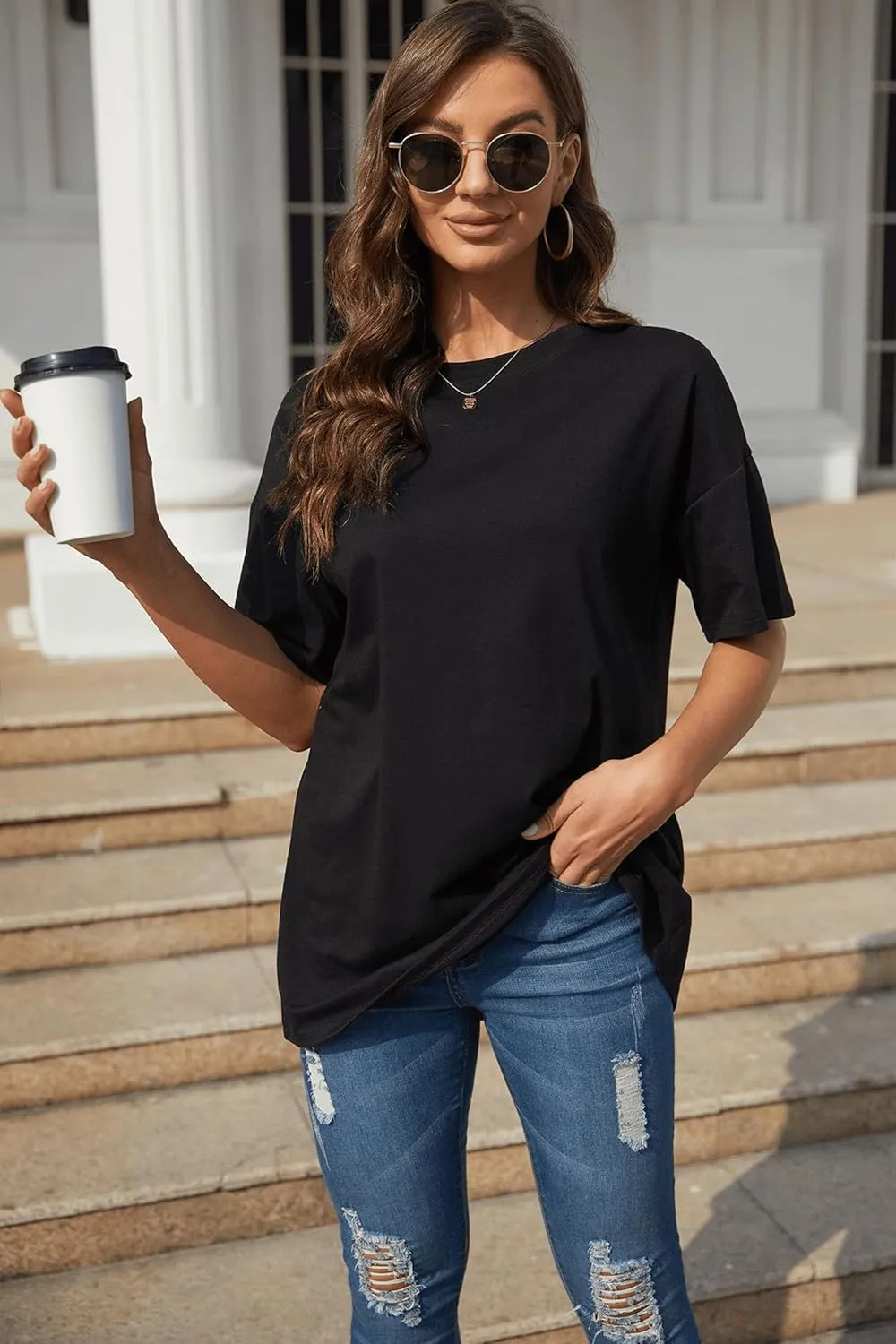 Fisoew Women's Oversized T Shirts Tees Half Sleeve Crew Neck Cotton Tunic Tops