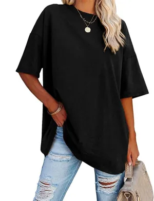 Fisoew Women's Oversized T Shirts Tees Half Sleeve Crew Neck Cotton Tunic Tops