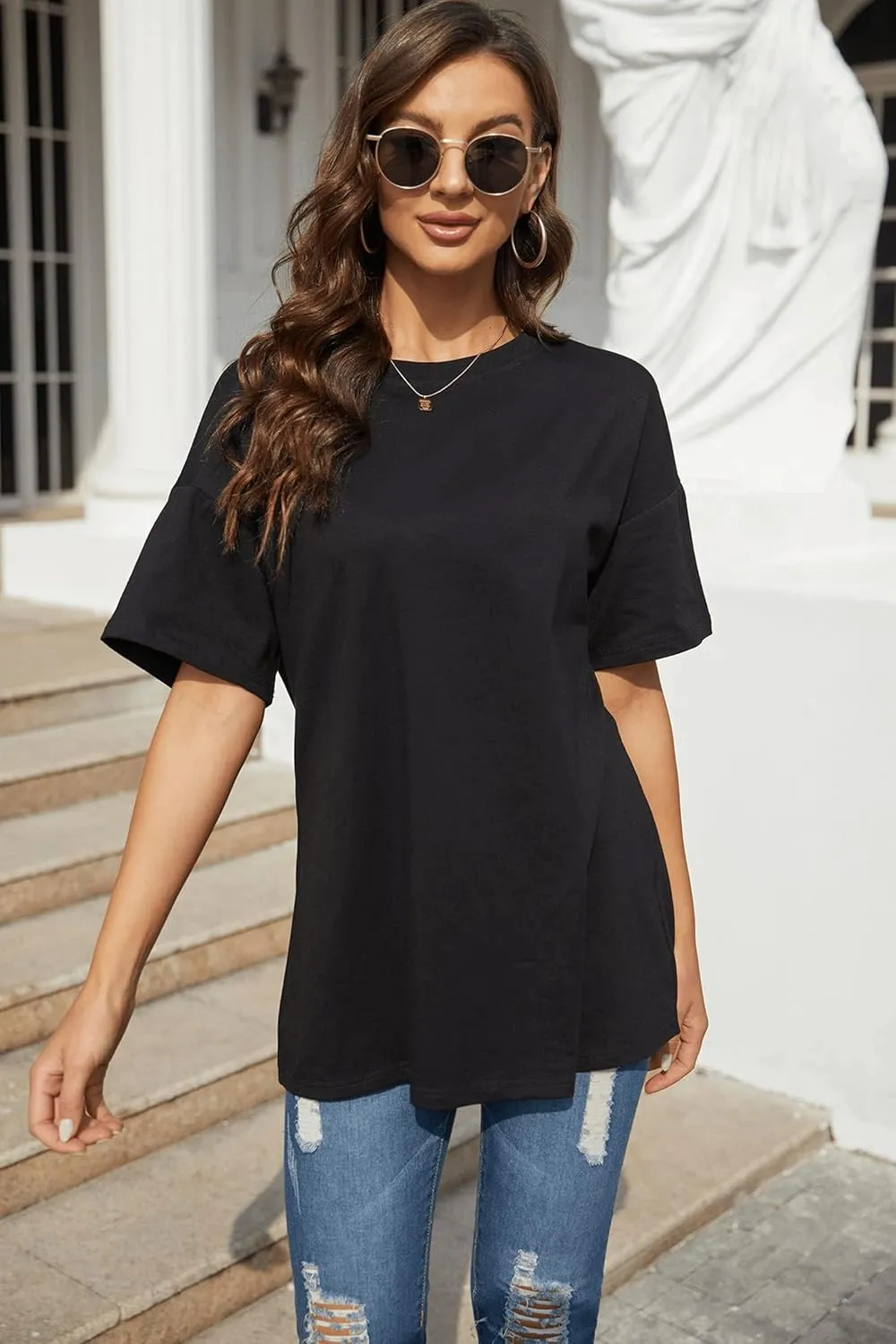 Fisoew Women's Oversized T Shirts Tees Half Sleeve Crew Neck Cotton Tunic Tops