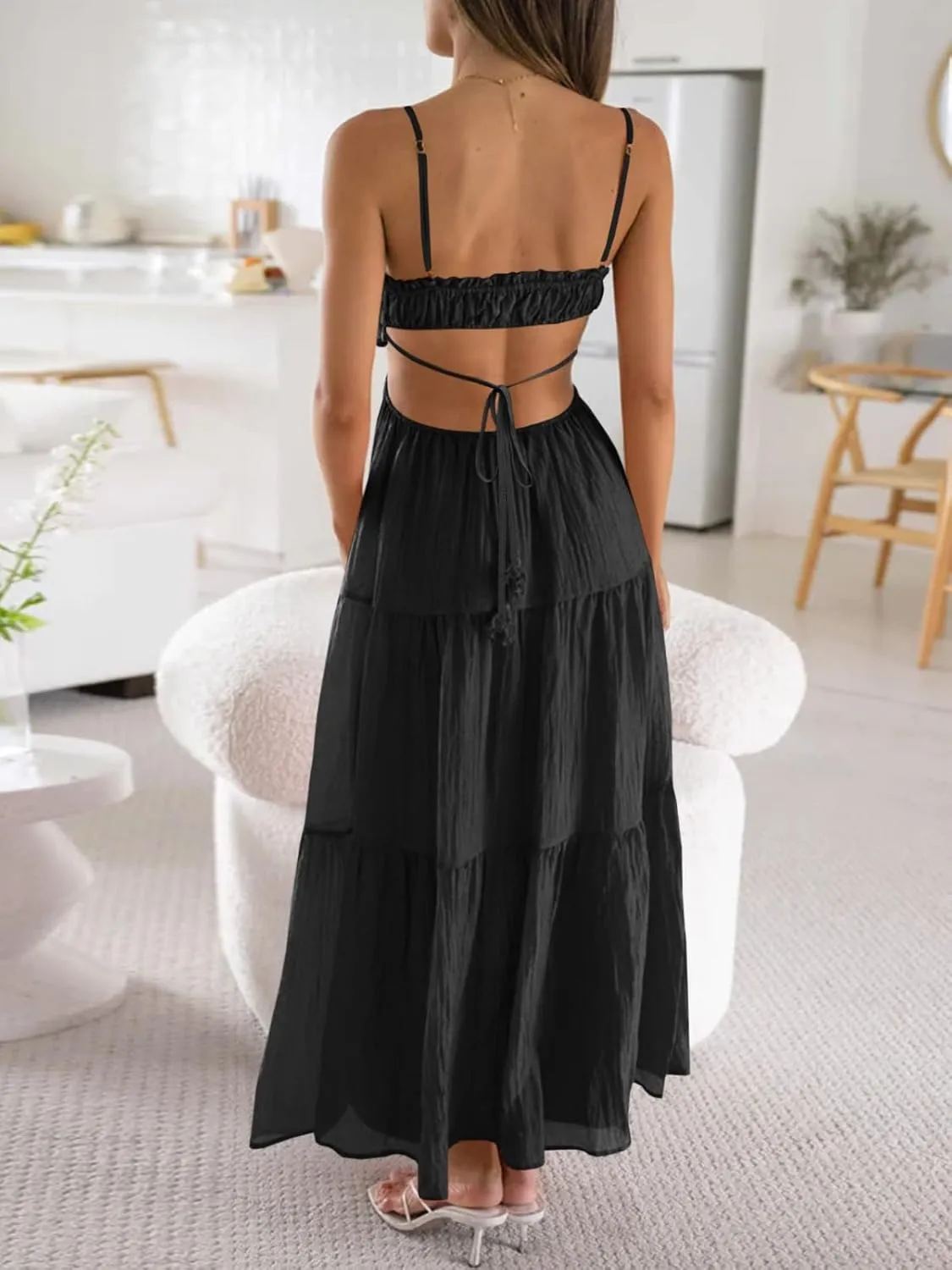 Fisoew Women's Spaghetti Strap Maxi Dress Summer Sleeveless Side Cut Out Dress Casual Boho Backless Flowy Long Dresses