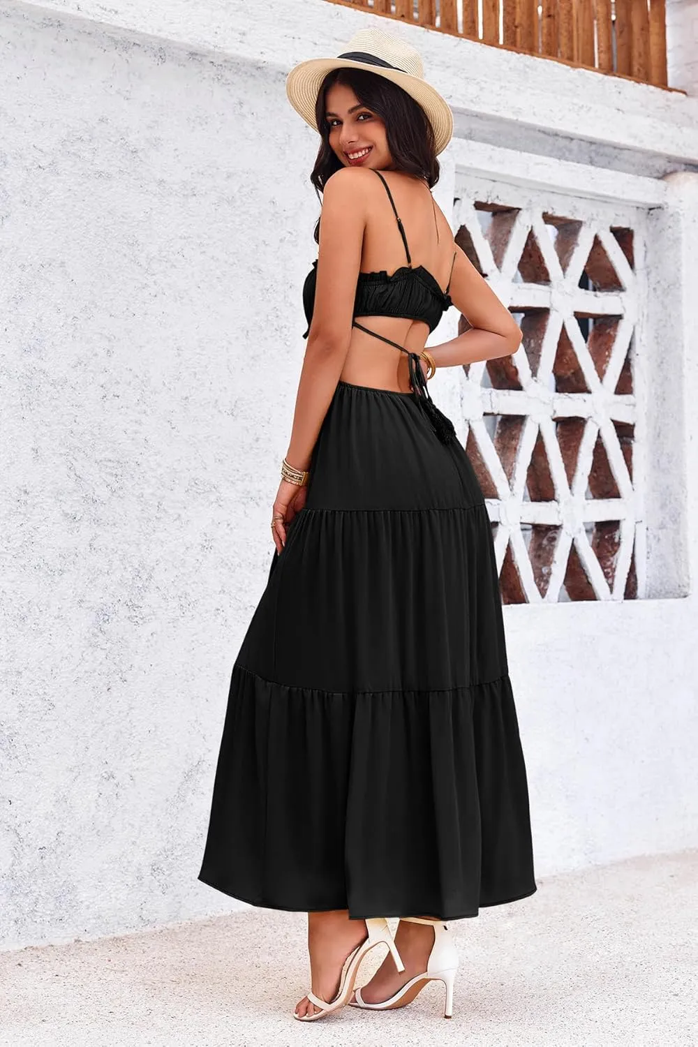 Fisoew Women's Spaghetti Strap Maxi Dress Summer Sleeveless Side Cut Out Dress Casual Boho Backless Flowy Long Dresses