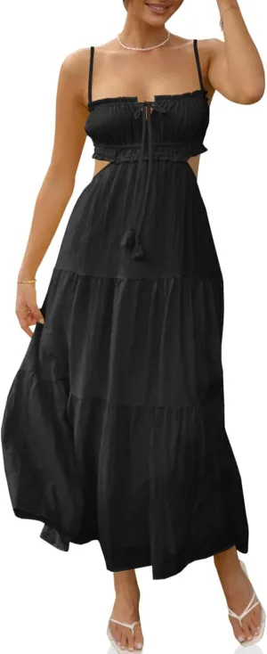 Fisoew Women's Spaghetti Strap Maxi Dress Summer Sleeveless Side Cut Out Dress Casual Boho Backless Flowy Long Dresses