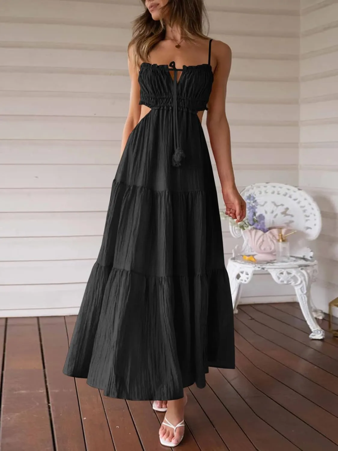 Fisoew Women's Spaghetti Strap Maxi Dress Summer Sleeveless Side Cut Out Dress Casual Boho Backless Flowy Long Dresses