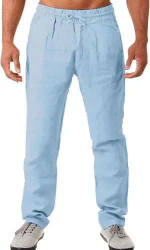 Flowy Pants for Men Mens Linen Trousers Casual Men's Slim-Fit Wrinkle- Flat-Front Chino Mens Fall Pants Lightweight