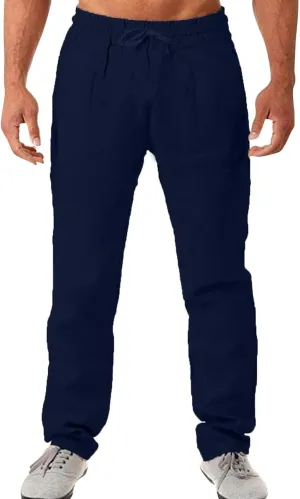 Flowy Pants for Men Mens Linen Trousers Casual Men's Slim-Fit Wrinkle- Flat-Front Chino Mens Fall Pants Lightweight