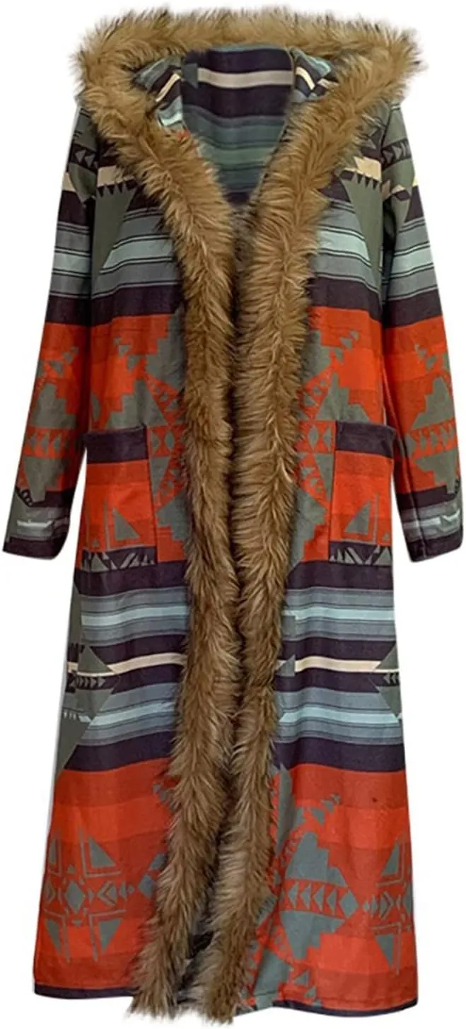 Fur Neck Coats for Women Ethnic Long Jackets Geometric Pattern Overcoats Long Sleeve Cardigan Coats