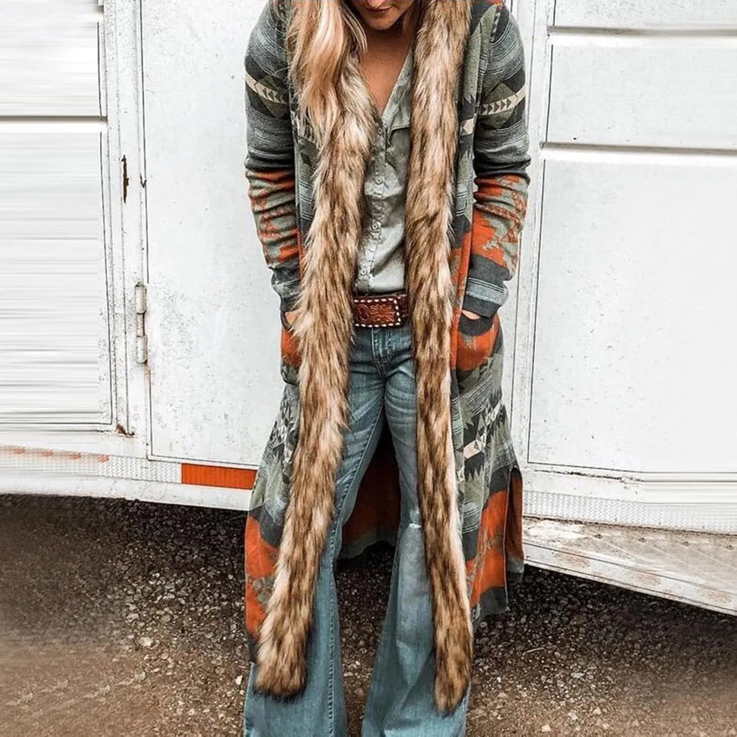 Fur Neck Coats for Women Ethnic Long Jackets Geometric Pattern Overcoats Long Sleeve Cardigan Coats